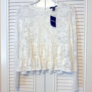 🆕Forever 21 knit bodysuit top Ruffled Long sleeves color cream sheer mesh nude